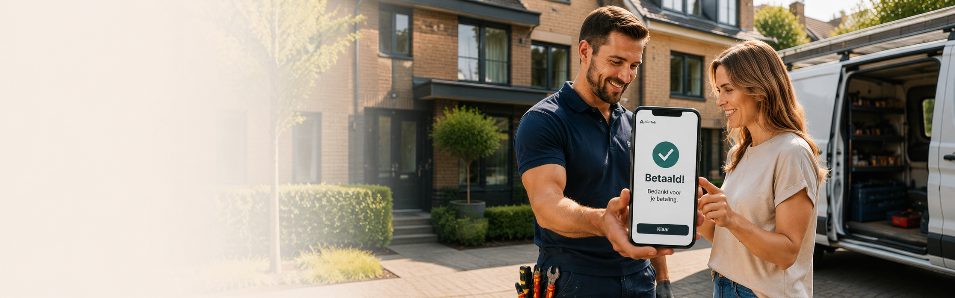 Vakman toont betaalscherm aan klant voor woning